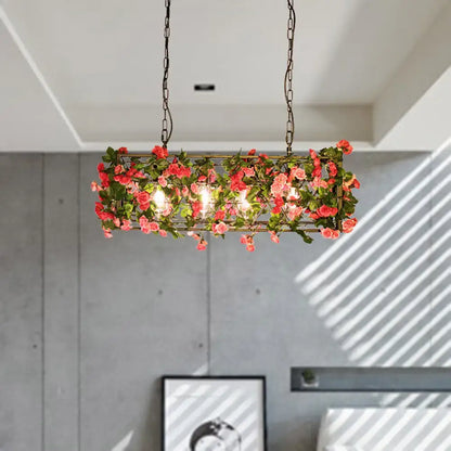 DecorBites industrial rectangular brass pendant light with metal construction and pink rose accents for bedroom use