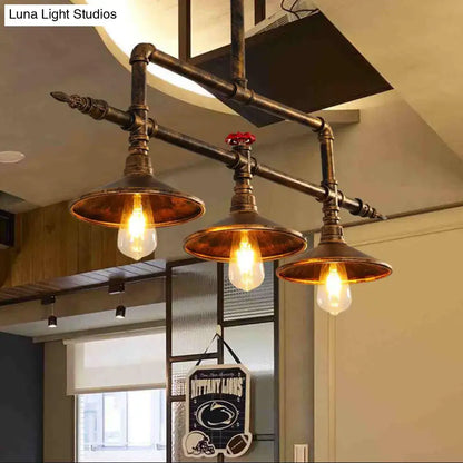 Decorbites industrial rust iron hanging ceiling lamp with brass pipe design and three e26 e27 light conical shades