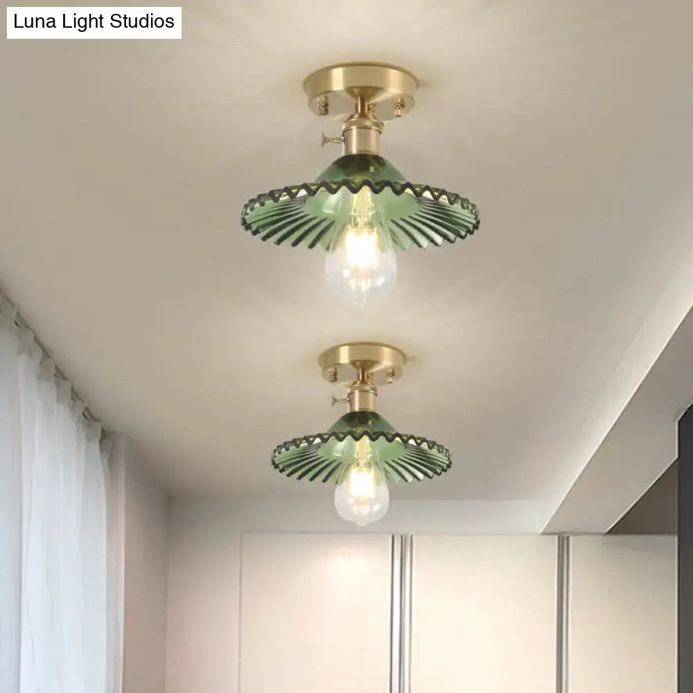 Decorbites industrial scalloped ribbed glass one-light ceiling light with green ribbed glass and brass hardware