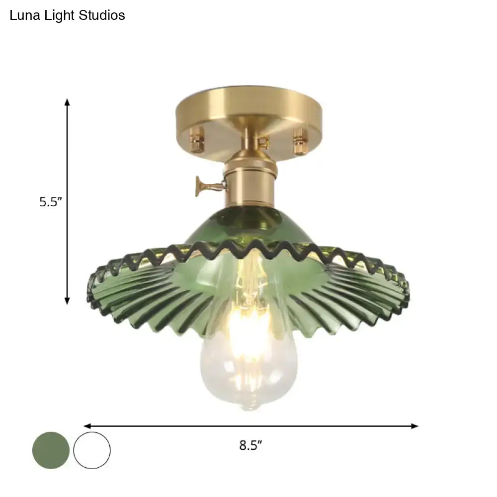 Decorbites industrial scalloped ribbed glass one-light ceiling light in green with brass fixture and exposed bulb
