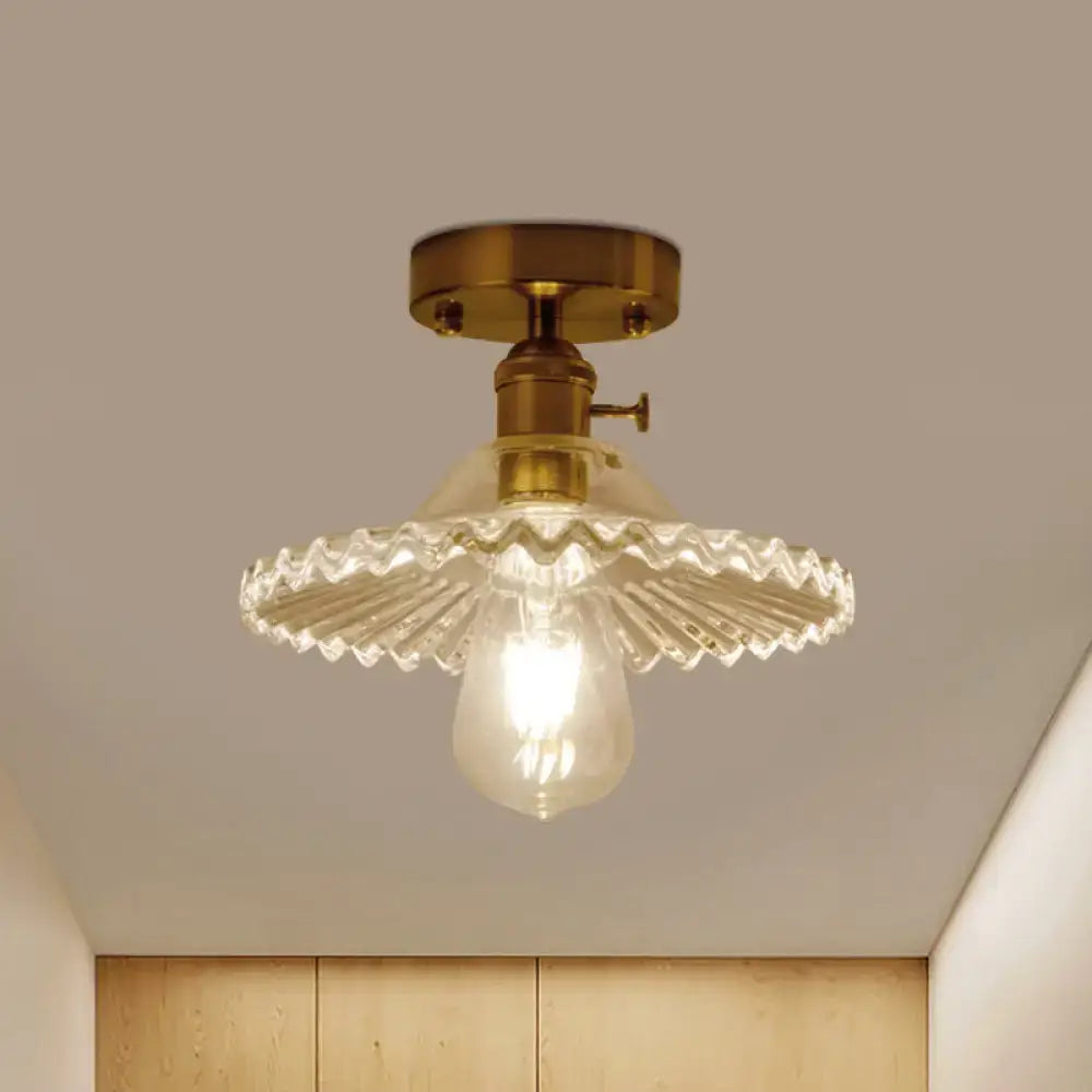 Decorbites™ industrial scalloped ribbed glass one-light ceiling light with clear green brass fan-shaped shade