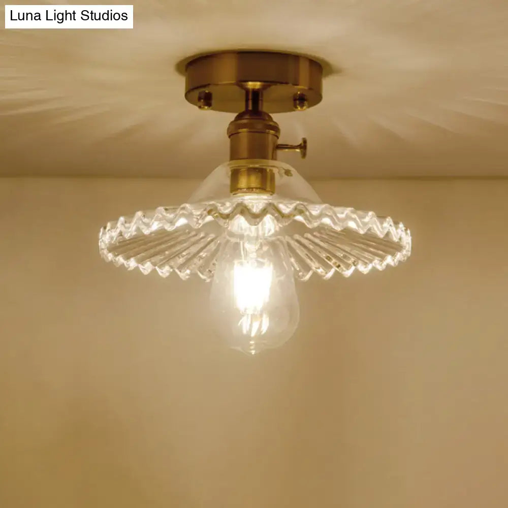 DecorBites™ industrial scalloped ribbed glass one-light ceiling light with clear brass semi flush mount design