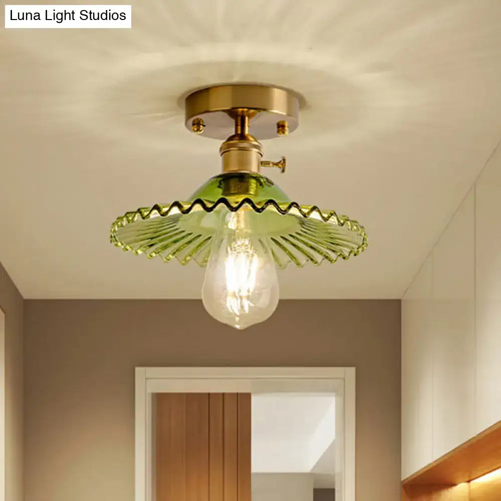 DecorBites™ industrial scalloped ribbed glass one-light ceiling light with brass base and translucent green glass shade