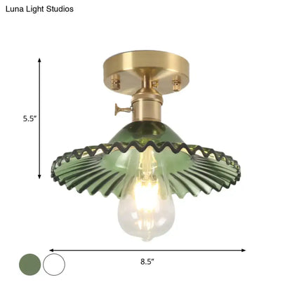 Decorbites™ industrial scalloped ribbed glass one-light ceiling light with green vintage glass and brass base