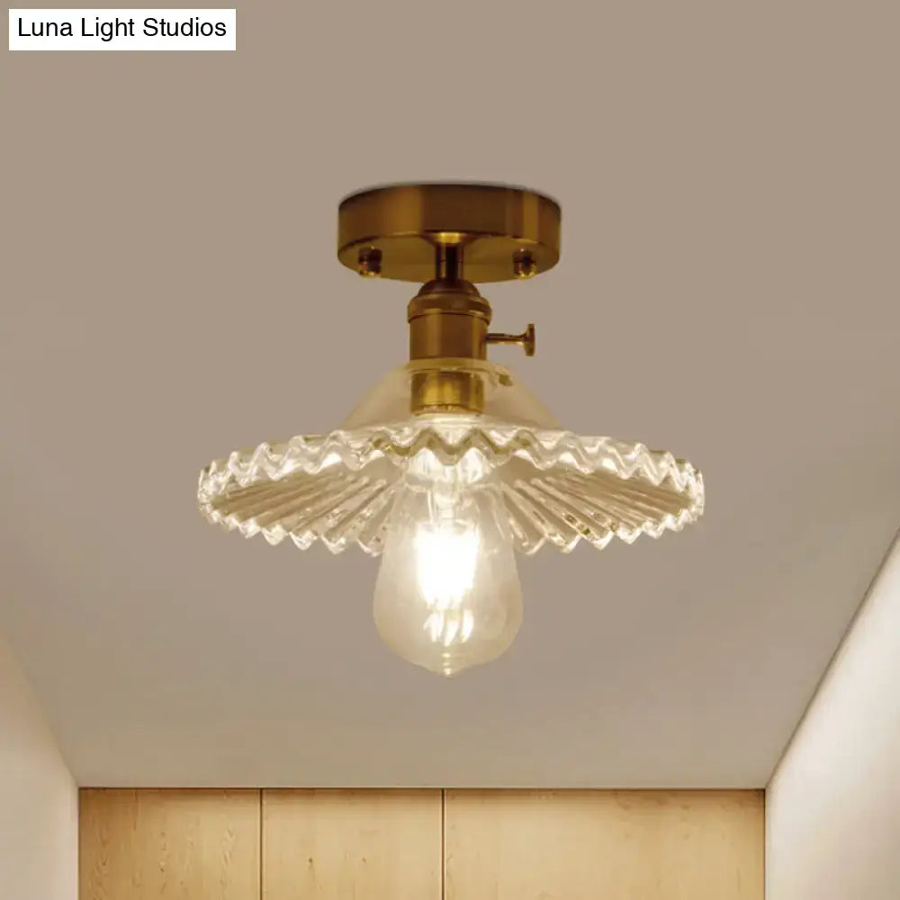 DecorBites™ industrial scalloped ribbed glass one-light ceiling light with brass finish and clear scalloped ribbed glass shade