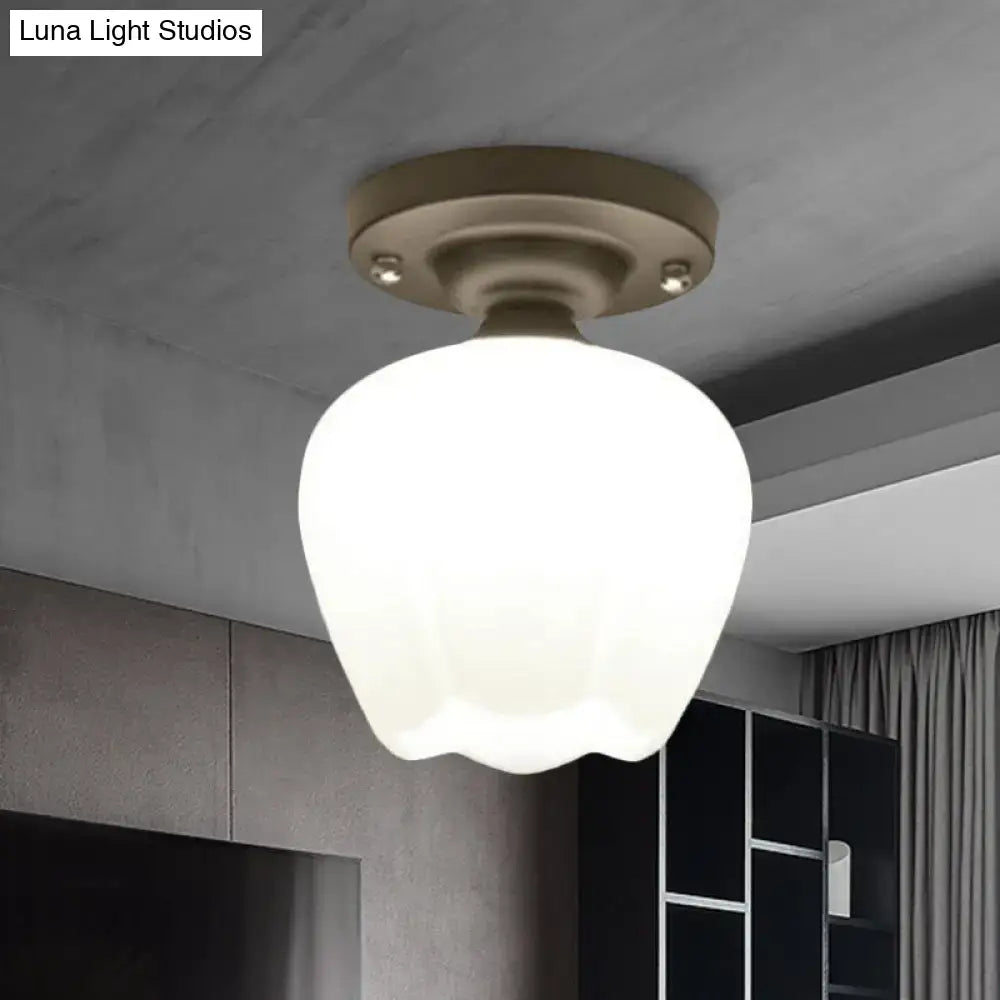 DecorBites™ industrial semi flush light with frosted white opal glass and matte bronze base for corridor lighting