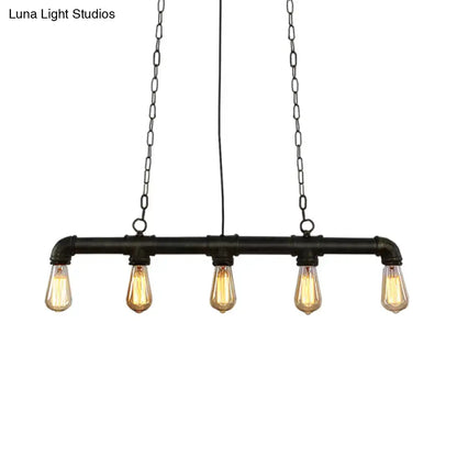 Decorbites industrial style black pendant lamp with iron piping and five exposed filament bulbs for island lighting