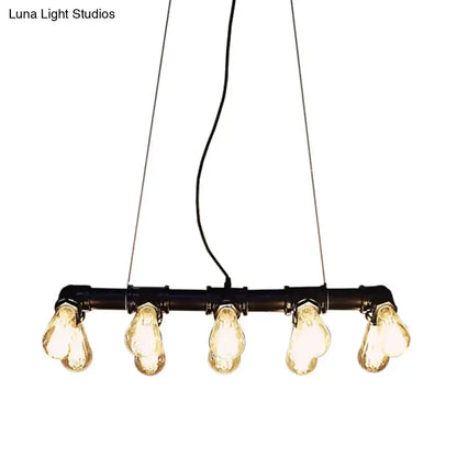 Decorbites industrial style black iron pendant lamp with five exposed filament bulbs in linear piping design