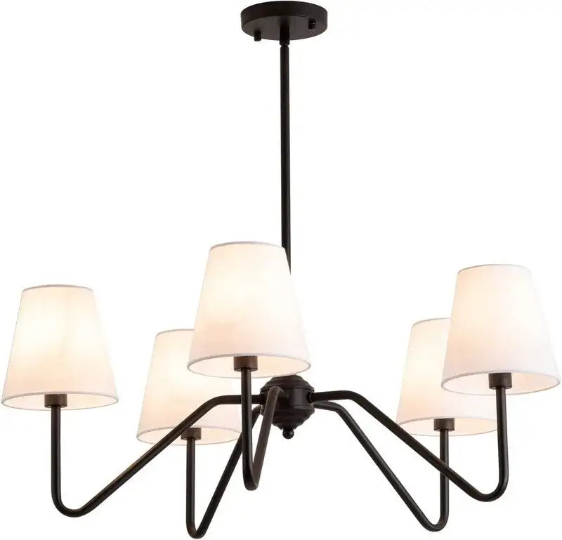 Decorbites industrial style black metal chandelier with five off-white fabric shades for living room use