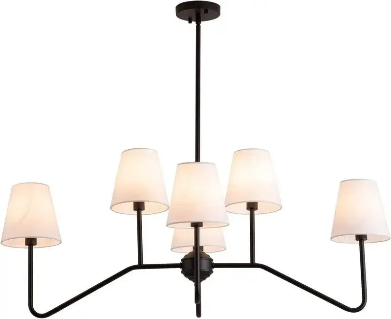 Decorbites industrial style black metal chandelier with five off-white fabric shades for living room lighting