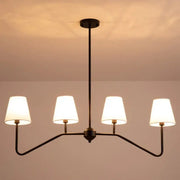 Modern black metal industrial style chandelier by decorbites with four white fabric shades for living room lighting