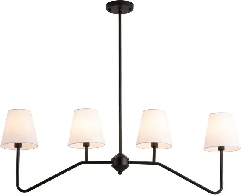 Black wrought iron decorbites industrial style chandelier with four off-white fabric shades for living room use