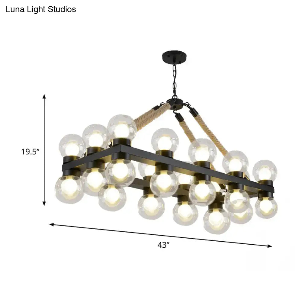 DecorBites™ industrial-style black metal chandelier with natural rope and 24 clear glass lights for dining room fixture width