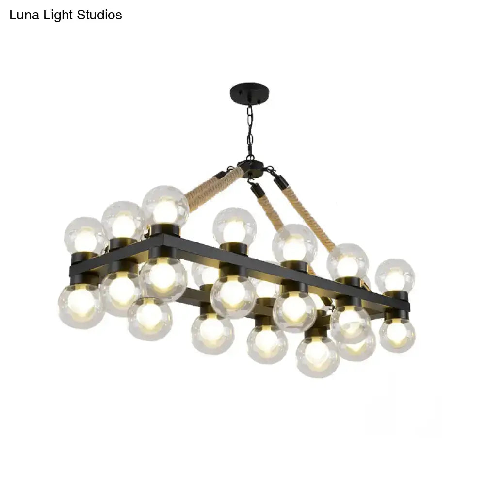 DecorBites™ industrial-style black metal chandelier with natural rope and 24 glass globe lights for dining room fixture width