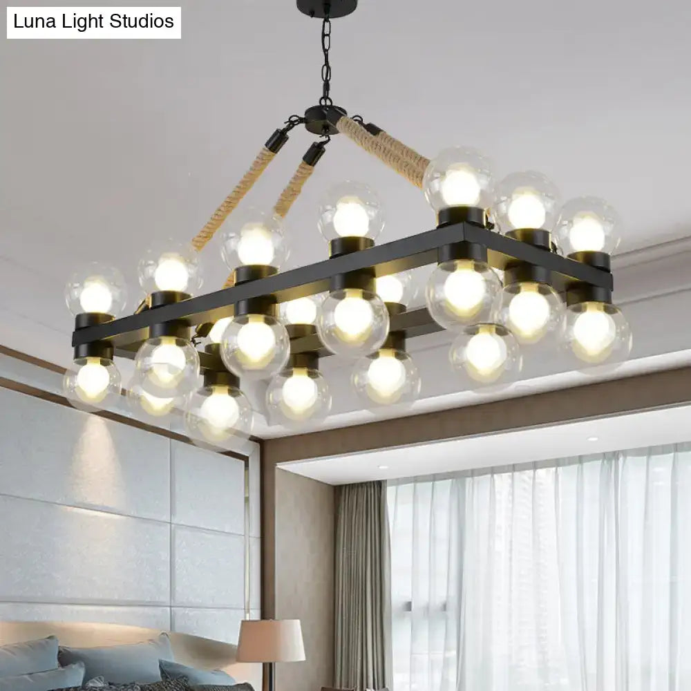 DecorBites industrial-style black metal chandelier with 24 clear glass lights and woven rope accents for dining room fixture width