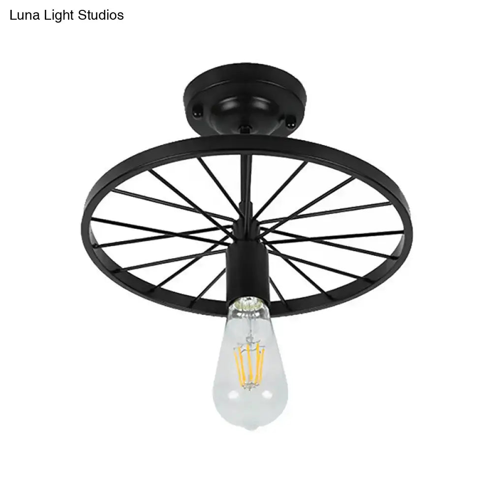 DecorBites industrial style metal semi flush mount ceiling light with black finish and bicycle wheel design