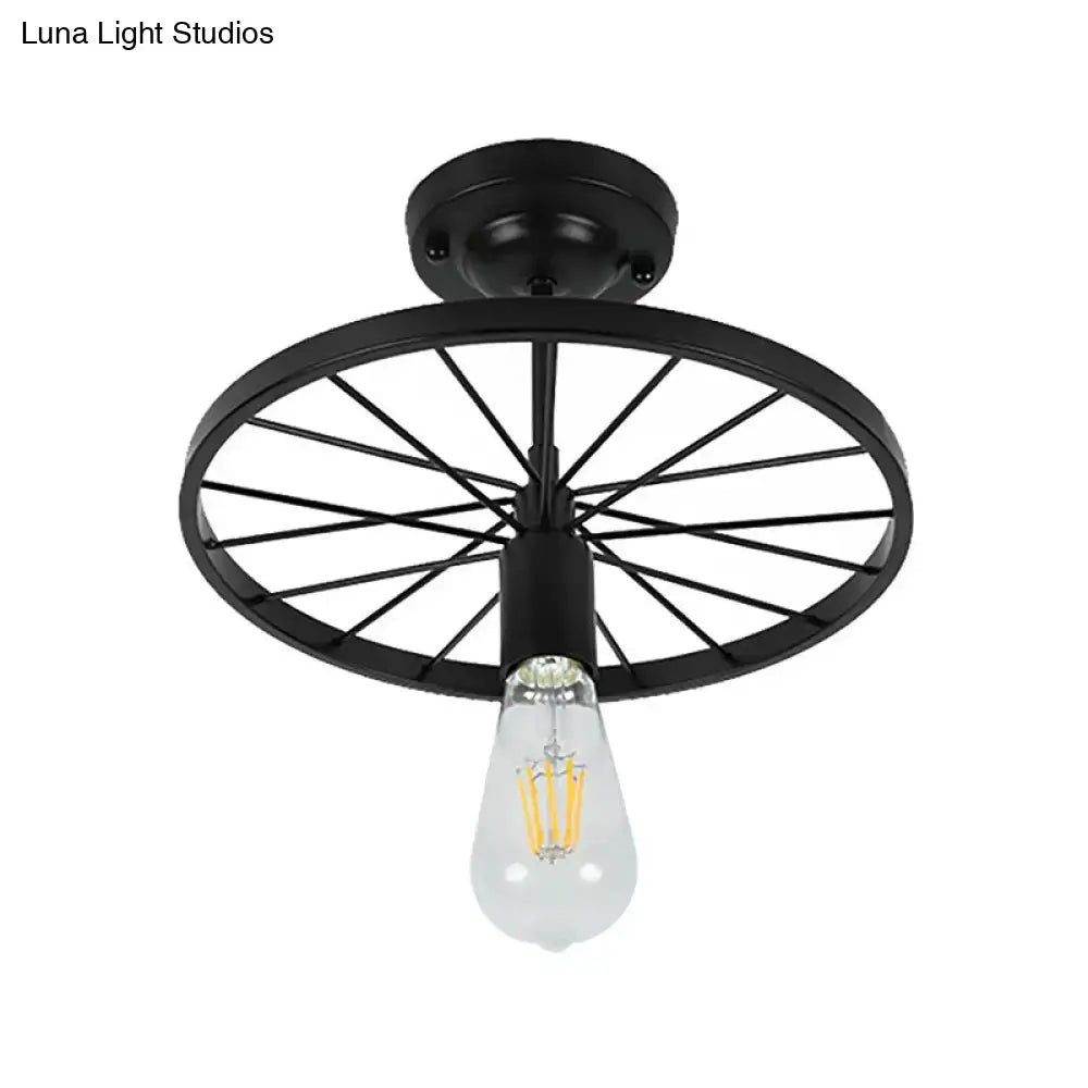 DecorBites™ industrial style semi-flush mount ceiling light with black finish and bicycle wheel metal design