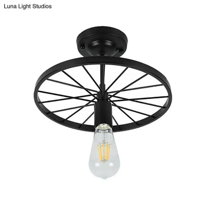 DecorBites™ industrial style semi-flush mount ceiling light with black finish and bicycle wheel metal design