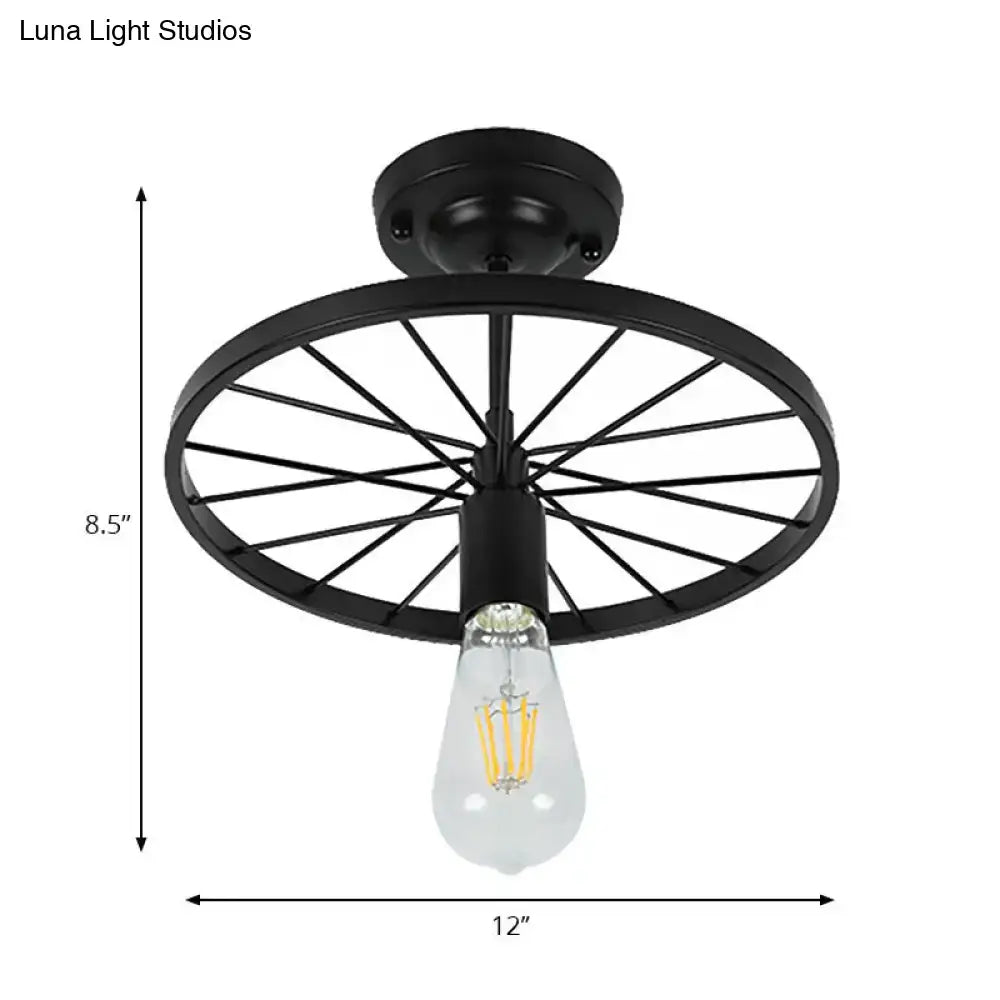 Decorbites™ industrial style metal semi flush mount ceiling light in black finish with bicycle wheel design and exposed bulb