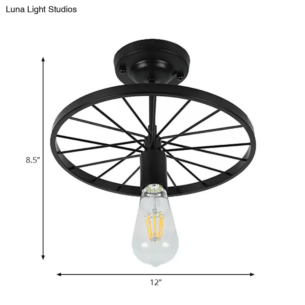 Decorbites™ industrial style black finish metal semi flush mount ceiling light with bicycle wheel design and exposed bulb
