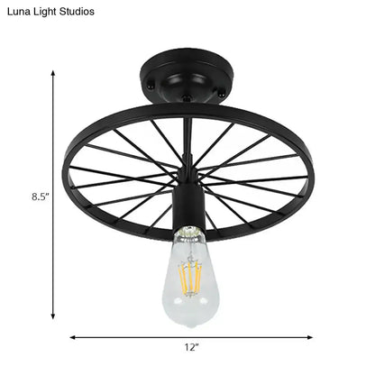 Decorbites™ industrial style black finish metal semi flush mount ceiling light with bicycle wheel design and exposed bulb