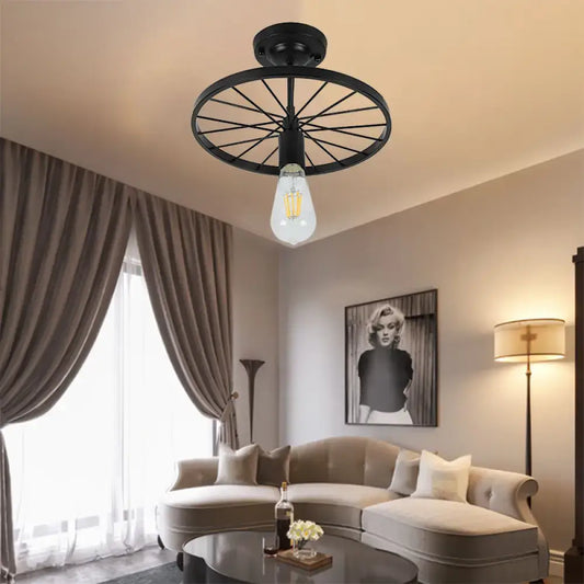Decorbites™ industrial style black finish wrought iron bicycle wheel semi-flush mount ceiling light with exposed filament bulb