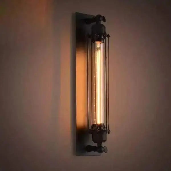 DecorBites industrial style vintage wall lamp with black metal frame and glowing edison bulb for style vintage bar decor