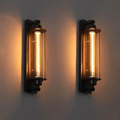 Decorbites™ industrial style vintage bar wall lamp with black metal frame and warm glowing edison bulbs in clear glass tubes