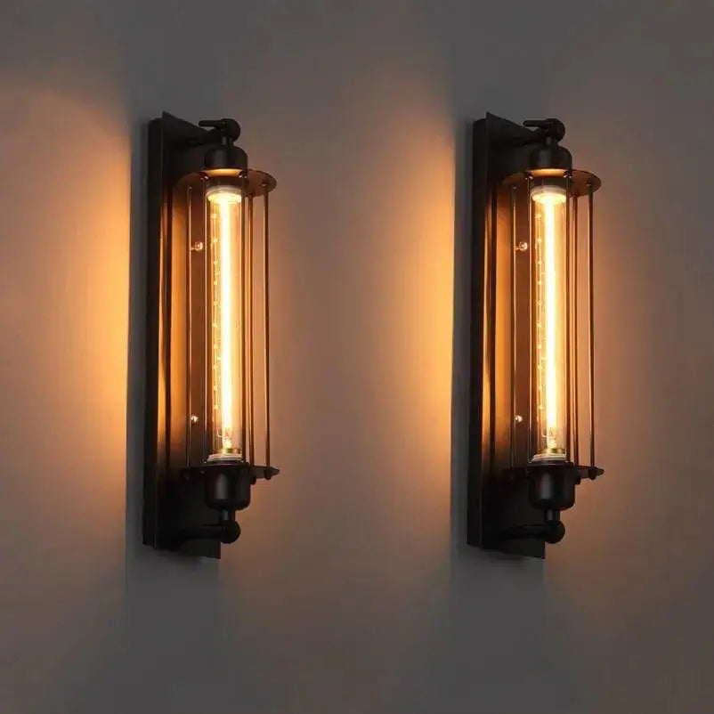 Decorbites™ industrial style vintage bar wall lamp with black metal frame and warm glowing edison bulbs in clear glass tubes