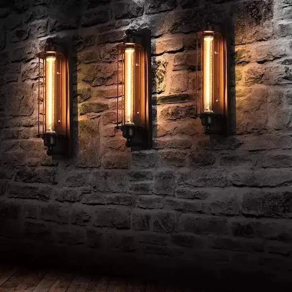Decorbites™ industrial style vintage bar wall lamp featuring three warm glowing edison bulbs in dark metal sconces