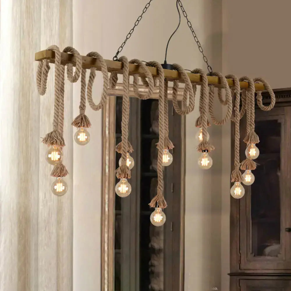 DecorBites™ industrial-style wood beige island pendant lamp with rustic rope and exposed bulbs for dining room lighting