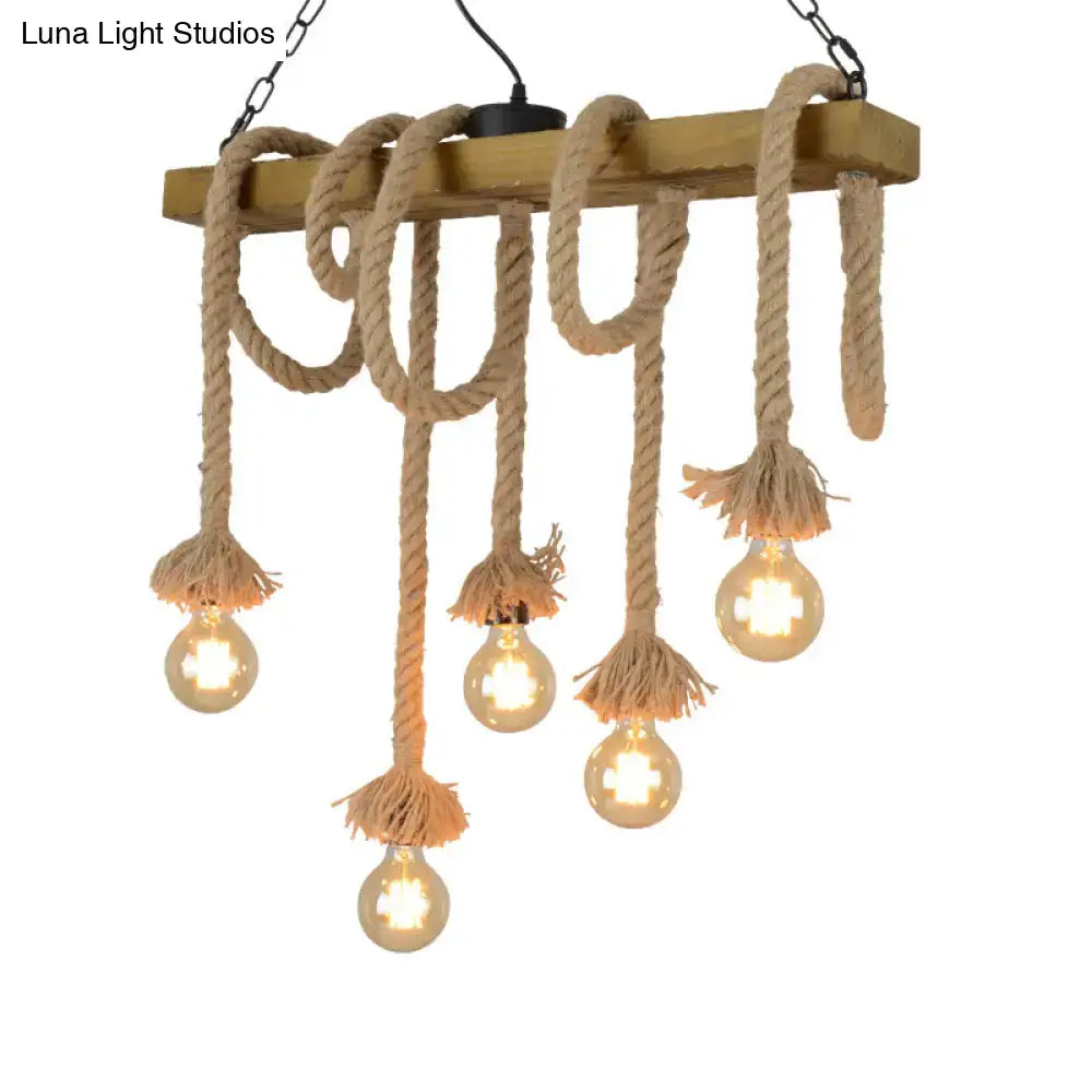 Decorbites™ industrial-style wood beige island pendant lamp with natural fiber rope and exposed bulbs for dining room