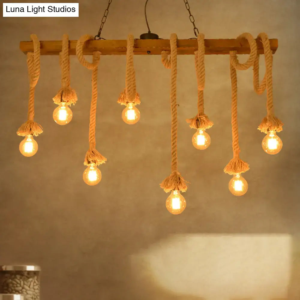Rustic wood beige island pendant lamp with thick rope and eight glowing bulbs for dining room lighting