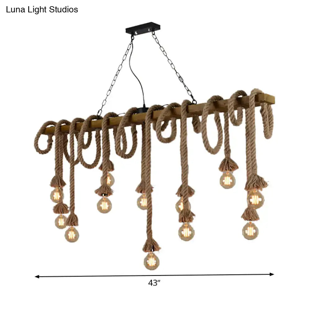 Rustic industrial pendant lamp with wood beige island frame, thick brown rope, and exposed bulbs for dining room