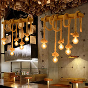 DecorBites™ wood beige island pendant lamp with rope-wrapped frame and exposed bulbs for dining room lighting