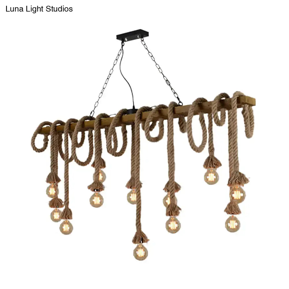 Rustic nautical-style wood beige island pendant lamp with wooden beam rope loops tassels and exposed bulbs for dining room