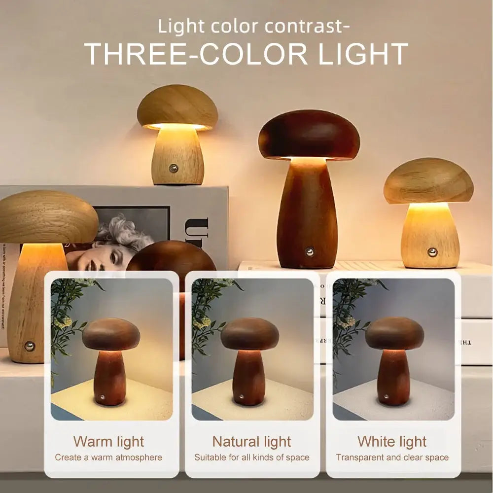 Wooden mushroom night light table lamp with stepless dimming and three-color LED rechargeable night light for bedroom