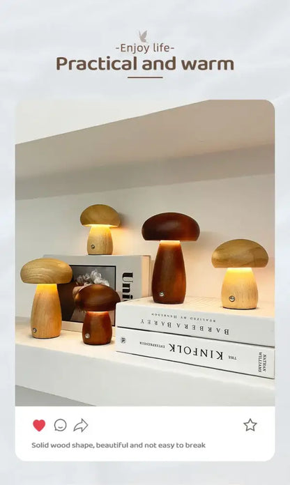 Wooden mushroom night light table lamps with warm glowing lights and stepless dimming for bedside use