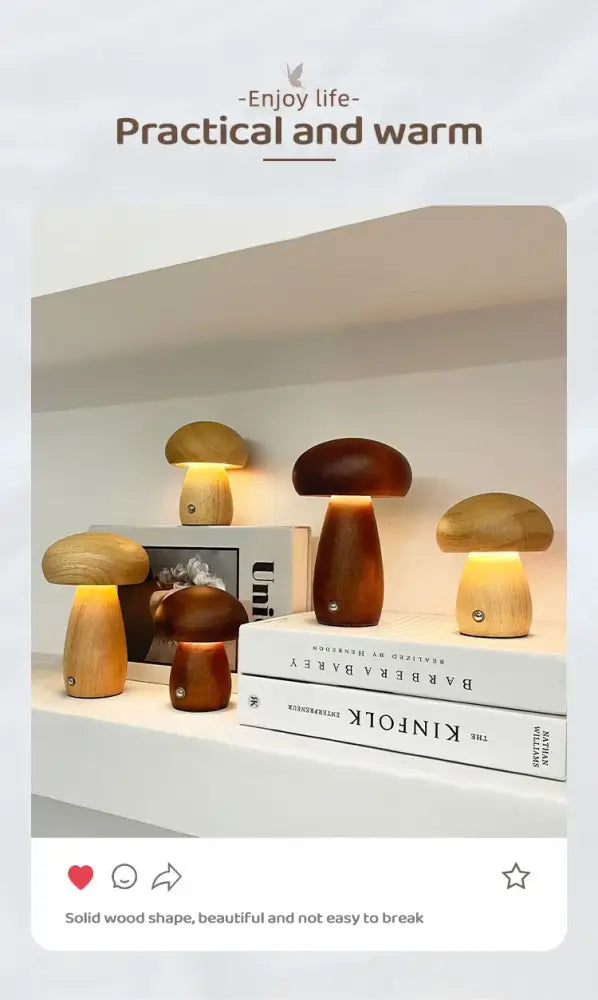 Wooden mushroom night light table lamps with warm glowing lights and stepless dimming for bedside use