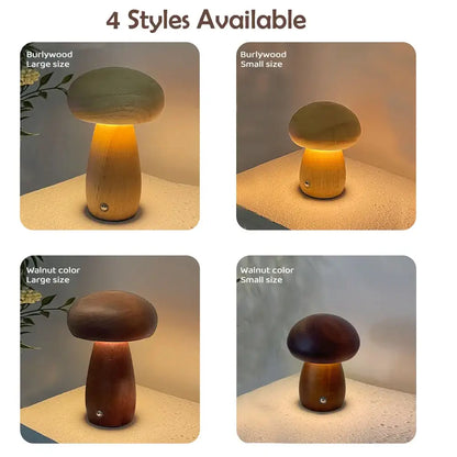 DecorBites INS wooden mushroom night light table lamp in walnut color with warm glowing light and stepless dimming