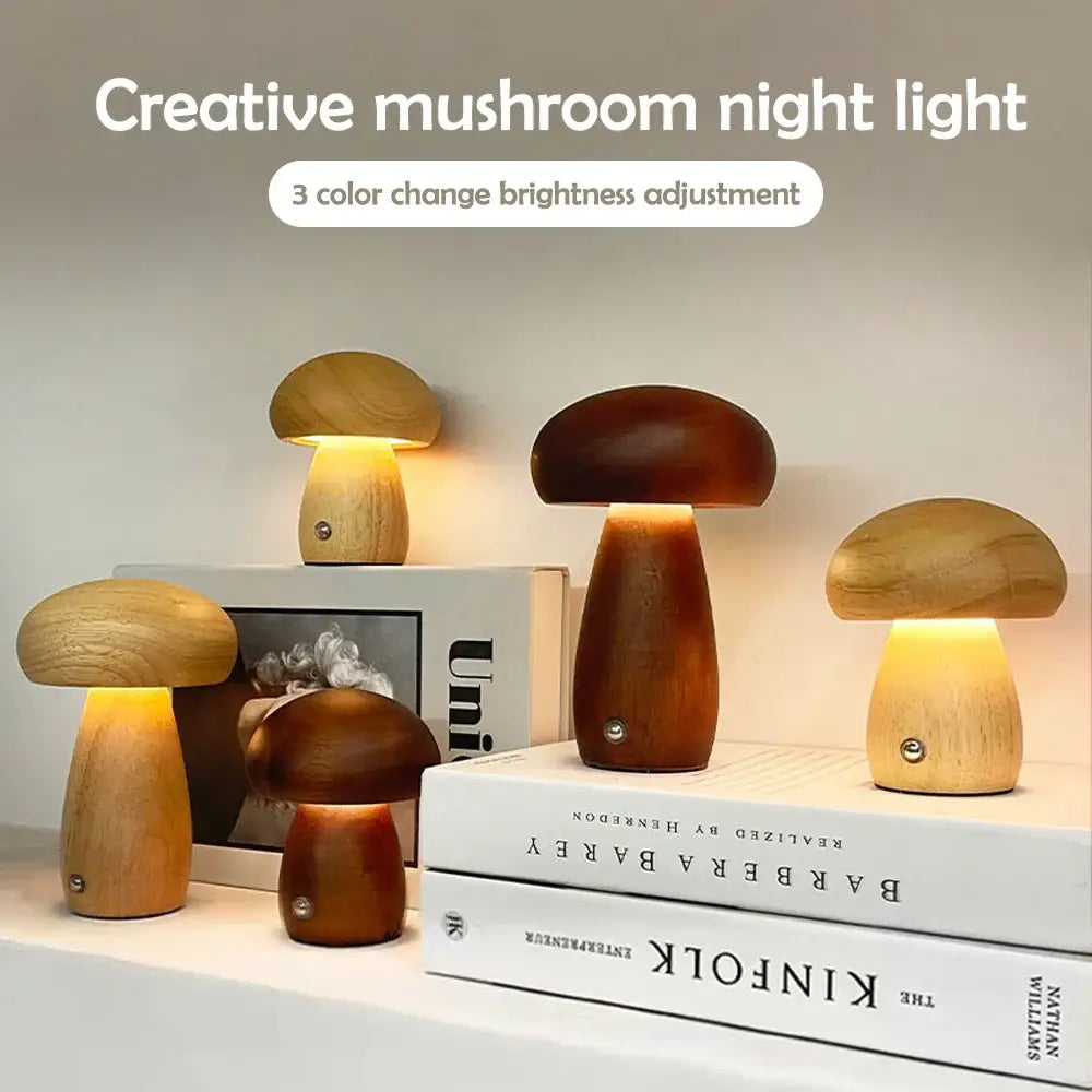 Wooden mushroom night light table lamp with warm glowing interiors and stepless dimming for bedside use