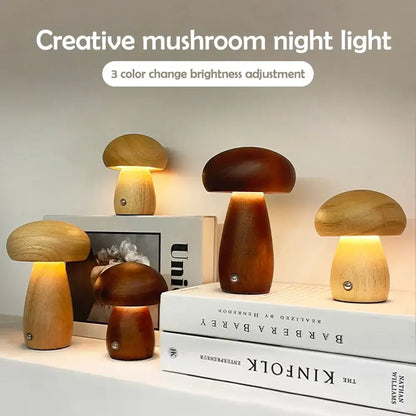 Wooden mushroom night light table lamp with warm glowing interiors and stepless dimming for bedside use