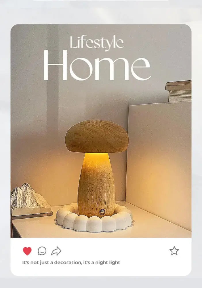 Decorbites™ ins wooden brown mushroom night light table lamp with warm glow stepless dimming bedside use