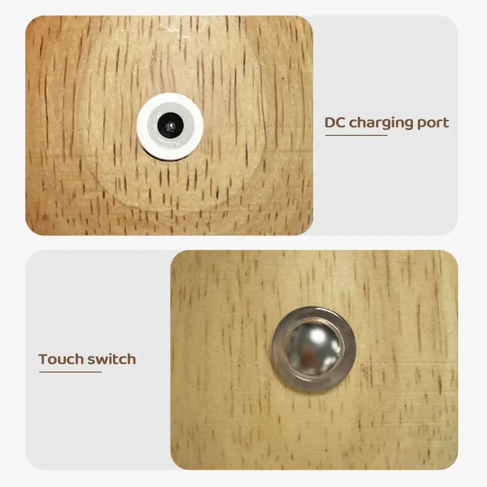 Circular white dc charging port with black center set into light wood grain on decorbites mushroom night light table lamp
