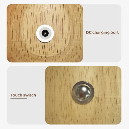 Circular white dc charging port with black center set into light wood grain on decorbites mushroom night light table lamp