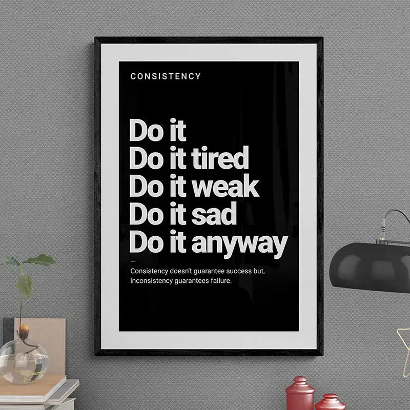 Decorbites™ inspirational quote poster with bold white text on black frame featuring motivational phrases for home or office
