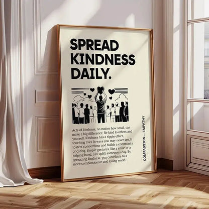 A decorbites™ inspirational quote poster with spread kindness daily text and minimalist hearts in a gold frame on off-white