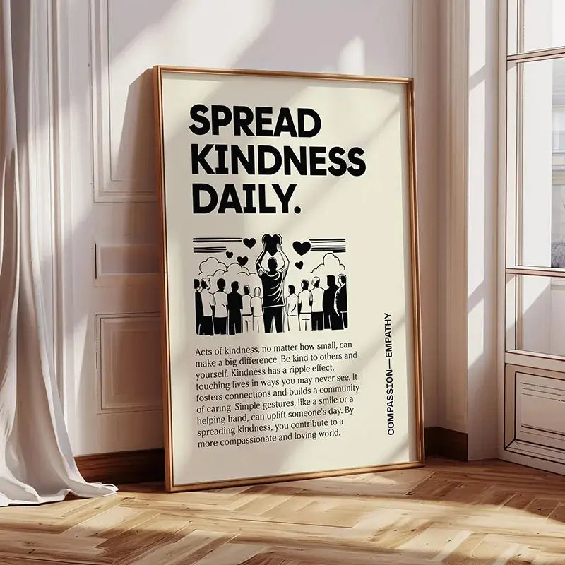 A decorbites™ inspirational quote poster with spread kindness daily text and minimalist hearts in a gold frame on off-white