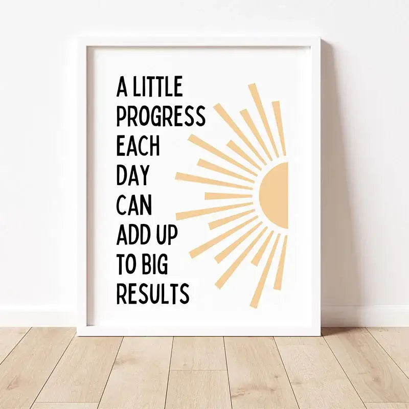 Decorbites™ inspirational quote poster with minimalist white frame, bold black text, and peach sun for home or office
