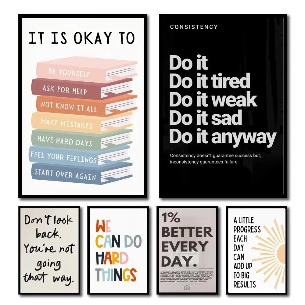 Set of decorbites™ inspirational quote poster prints featuring colorful book stacks and bold typography for home or office